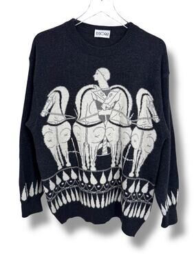 HOM sweater XL lambswool crew pullover equestrian horse chariot Italy gray white